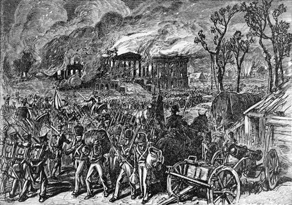 A historical battle scene with soldiers on horseback and smoke rising from buildings.